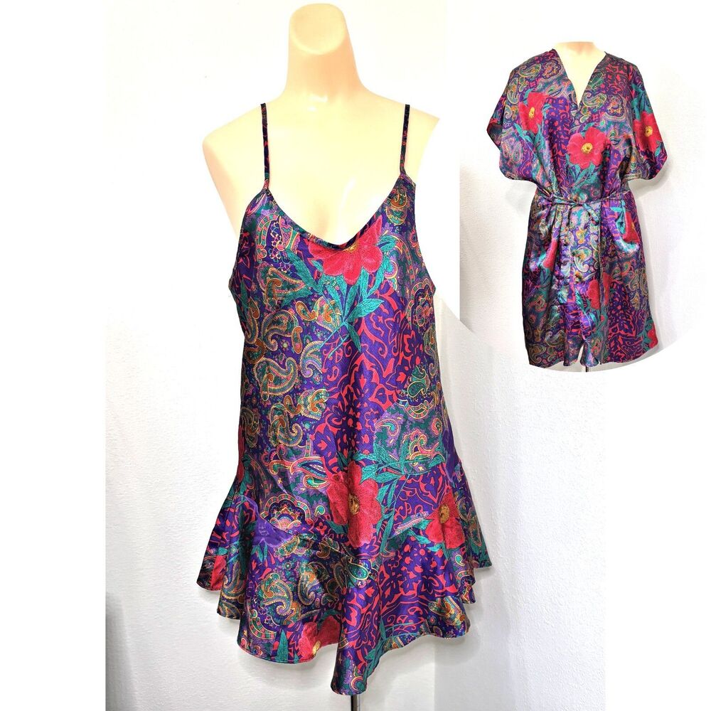 Womens Vintage Y2K Purple Satin Robe Nightgown Set Medium Satin Floral Made USA